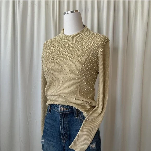 Vintage Silk Belldini Pearl Embellished Metallic Ribbed Mock neck sweater large - Picture 5 of 8